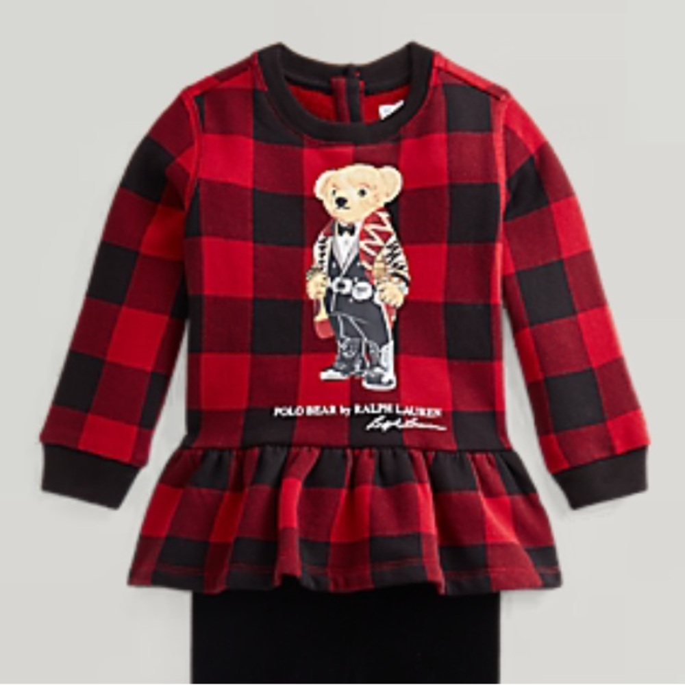 Polo Bear Red & Black Buffalo Plaid Peplum Top with Black Leggings